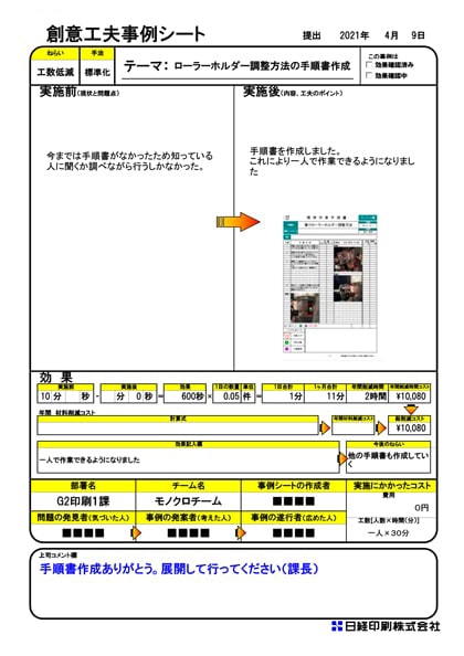 ローラーホルダー調整方法の手順書作成創意工夫事例シート