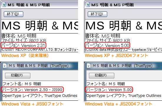 フォントのバージョン一覧